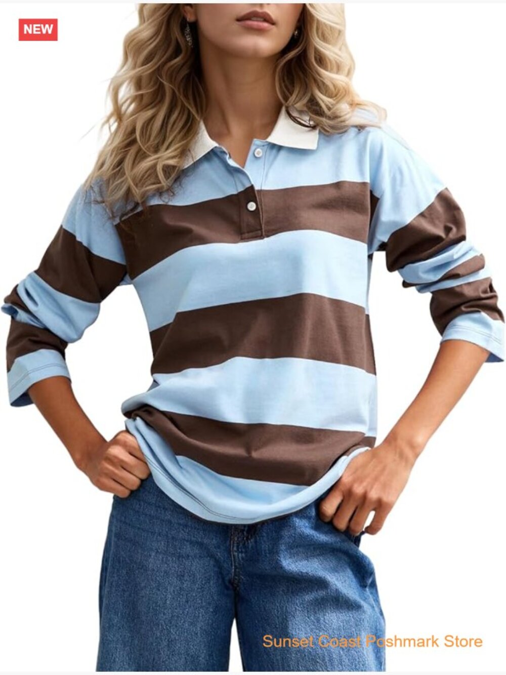 Striped Rugby Shirt Long Sleeve Color Block Polo Lapel V Neck Casual Blouse